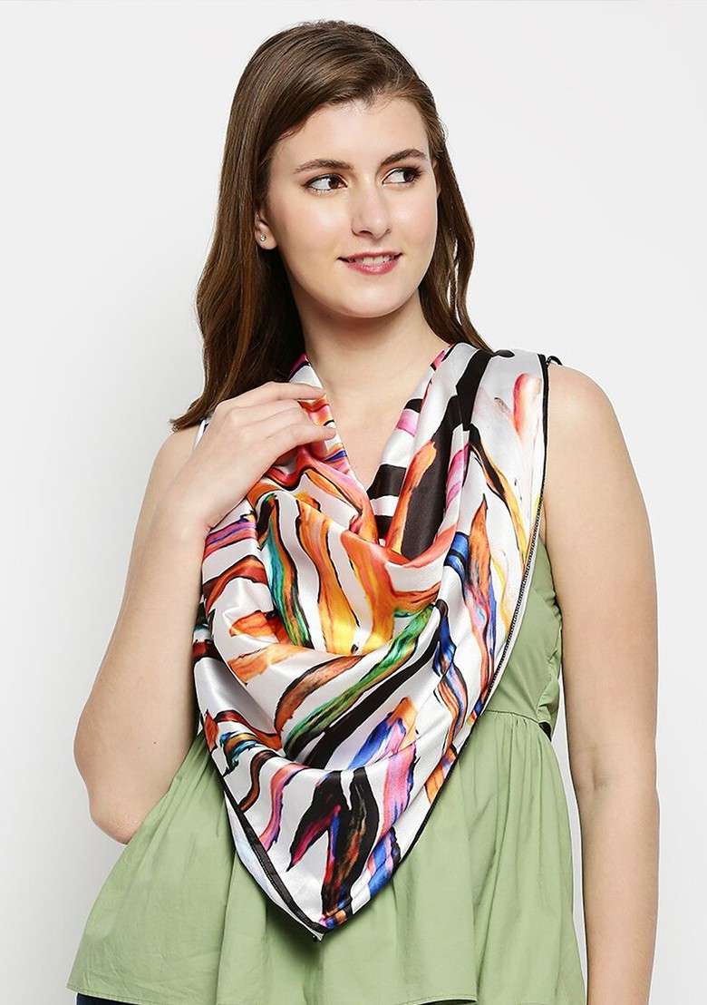 Women White And Blue Abstract Printed Satin Scarf - Indya