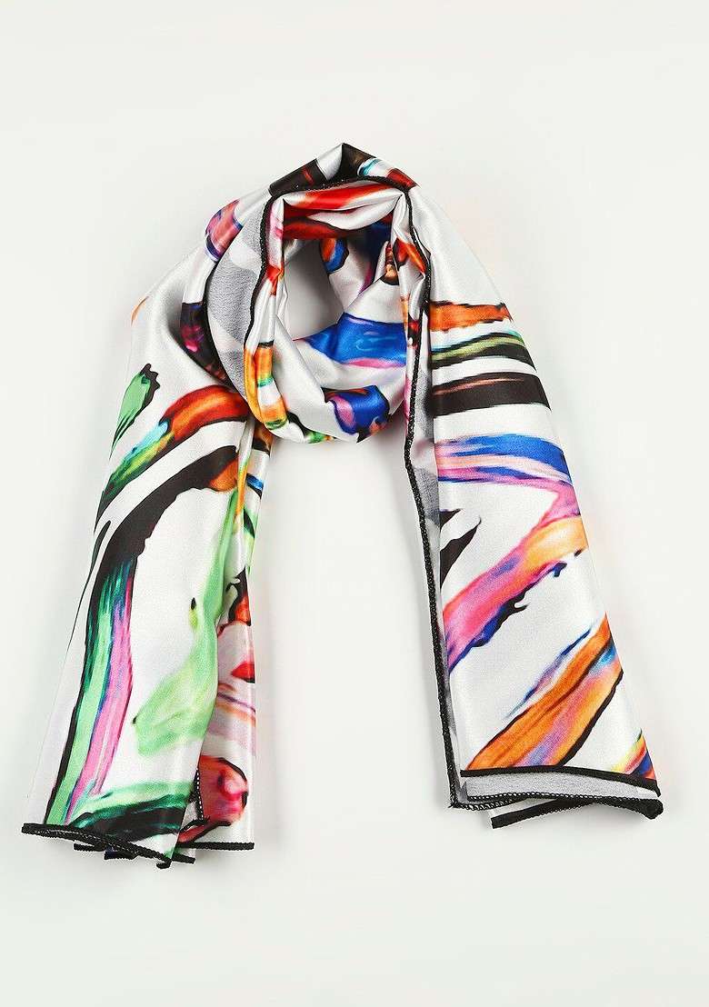 Women White And Blue Abstract Printed Satin Scarf - Indya