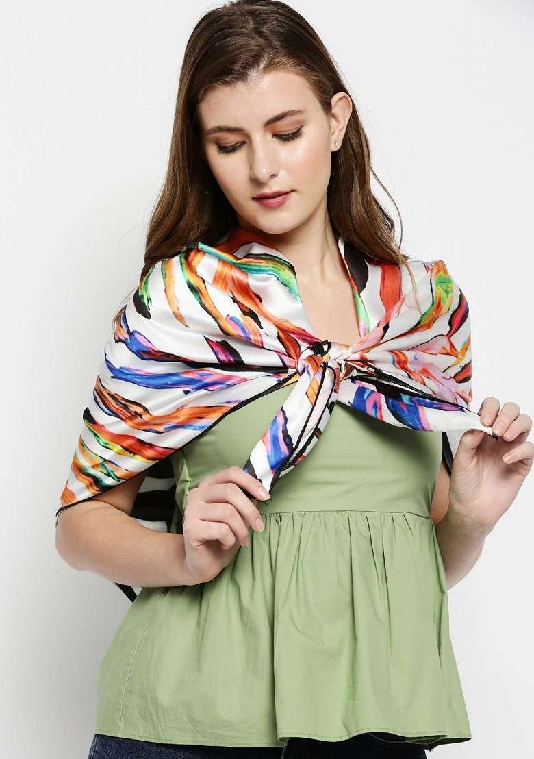 Women White And Blue Abstract Printed Satin Scarf - Indya