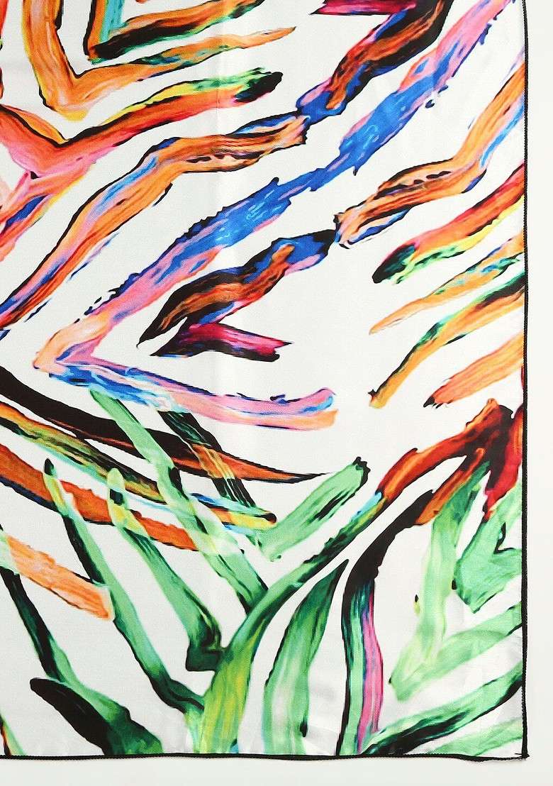 Women White And Blue Abstract Printed Satin Scarf - Indya