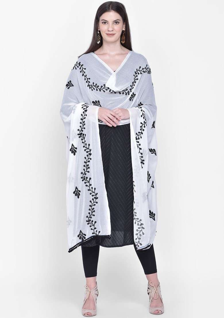 White And Black Embroidered Dupatta - Indya