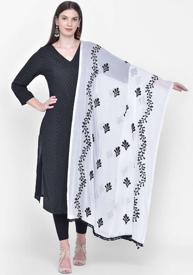 White And Black Embroidered Dupatta - Indya