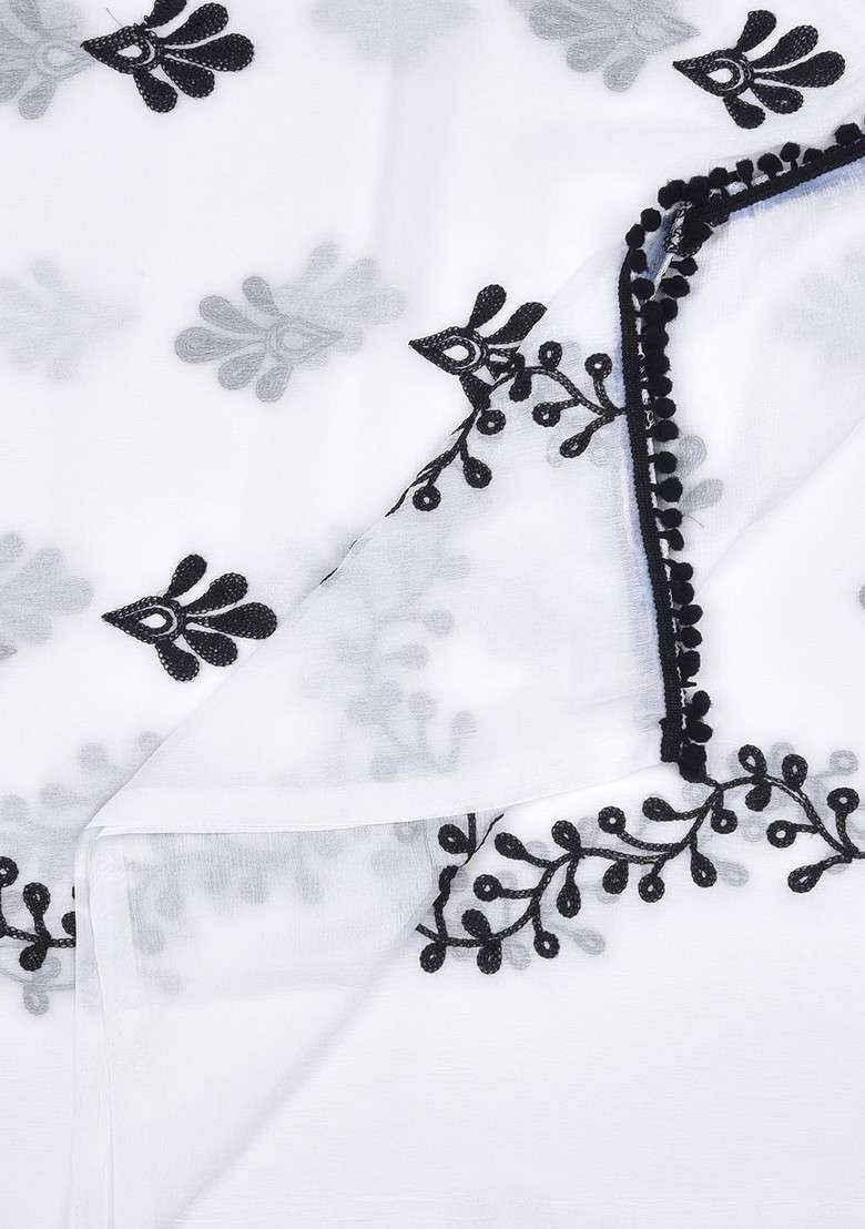 White And Black Embroidered Dupatta - Indya