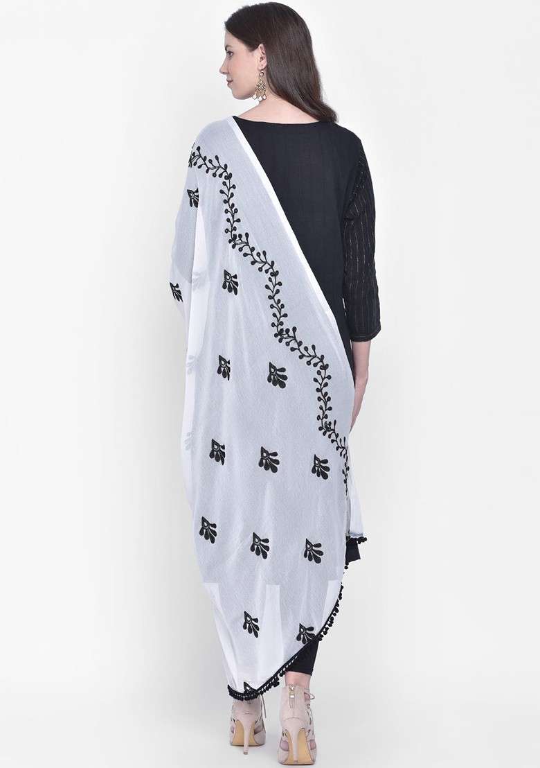 White And Black Embroidered Dupatta - Indya