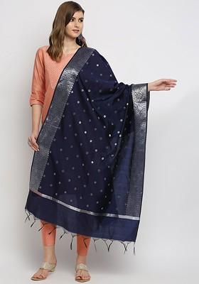 Women Navy Blue And Silver Toned Woven Design Dupatta
