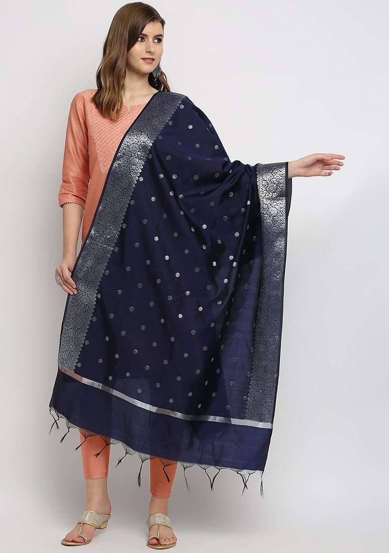 Women Navy Blue And Silver Toned Woven Design Dupatta - Indya