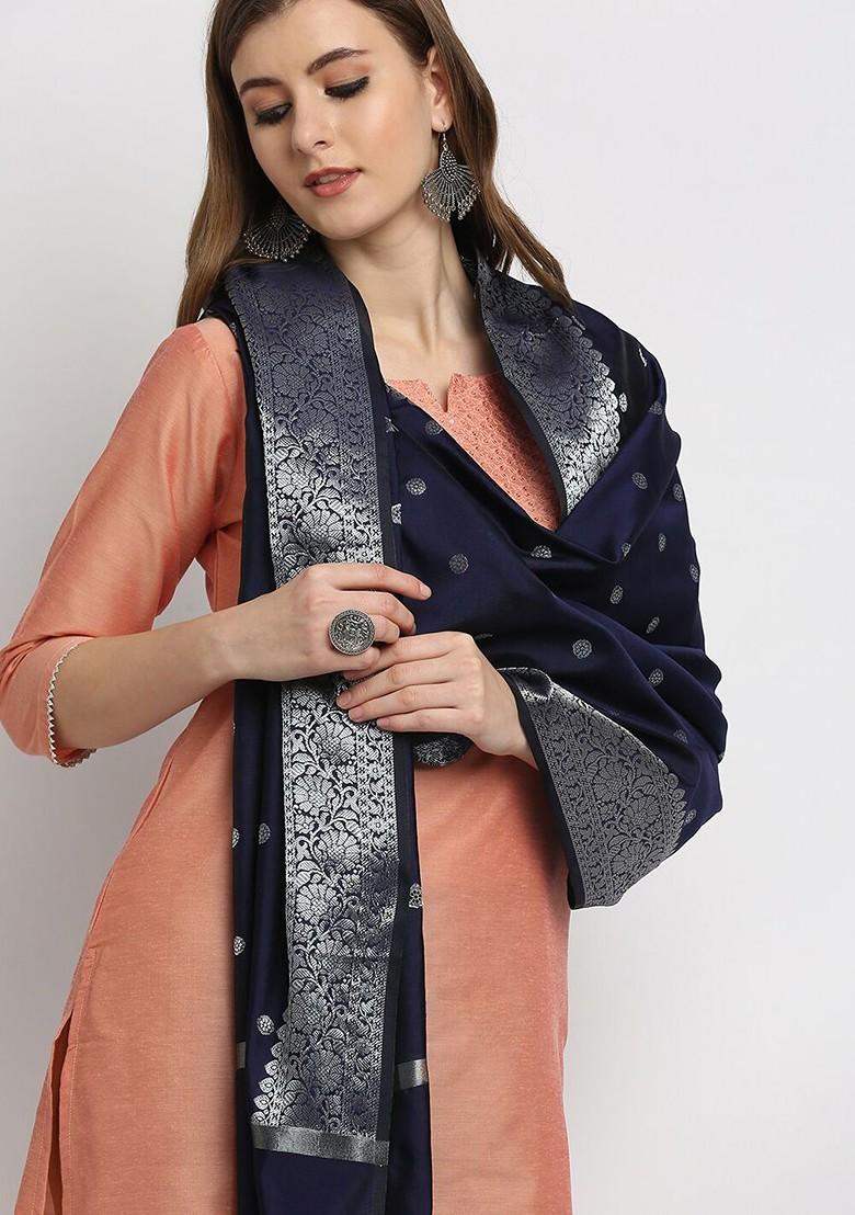 Women Navy Blue And Silver Toned Woven Design Dupatta