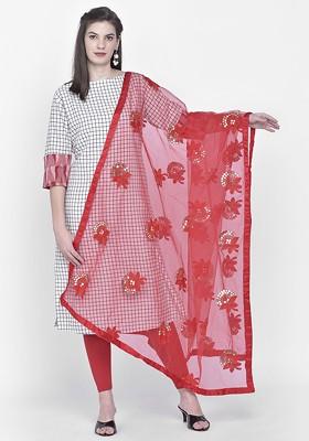 Red And Golden Floral Embroidered And Sequinned Dupatta