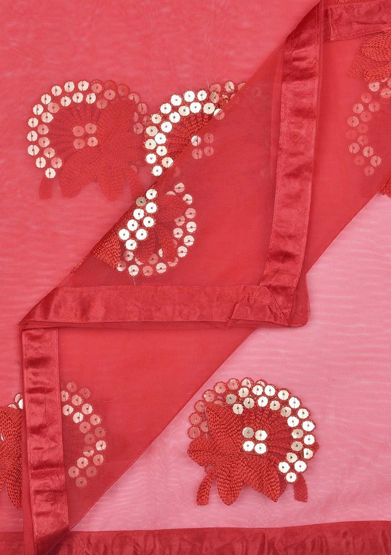 Red And Golden Floral Embroidered And Sequinned Dupatta