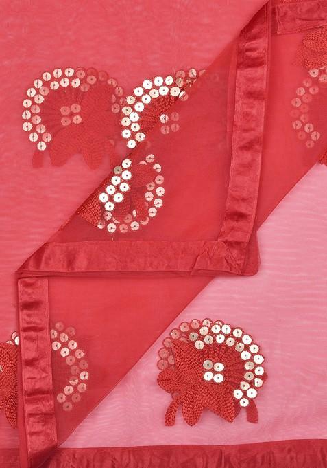 Red And Golden Floral Embroidered And Sequinned Dupatta