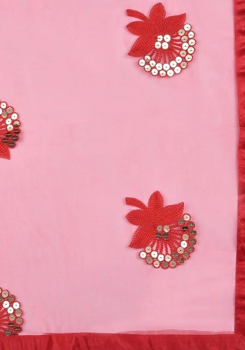 Red And Golden Floral Embroidered And Sequinned Dupatta