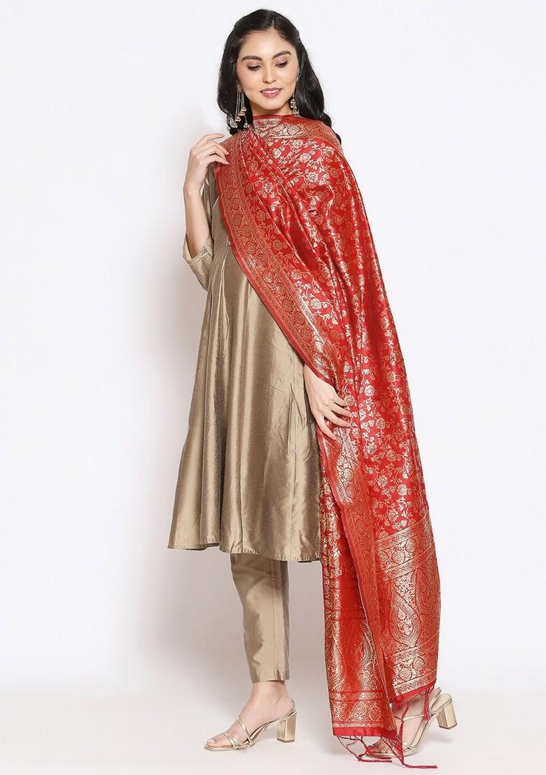 Red And Gold Toned Woven Design Dupatta With Zari