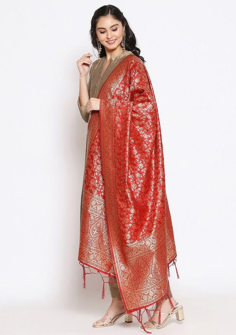Red And Gold Toned Woven Design Dupatta With Zari