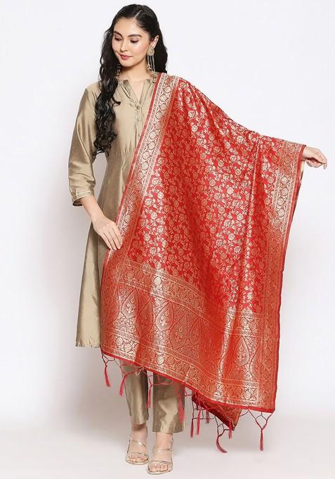 Red And Gold Toned Woven Design Dupatta With Zari