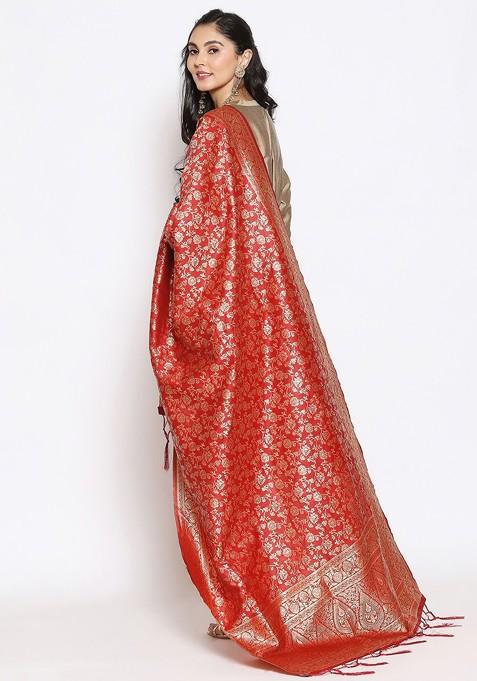 Red And Gold Toned Woven Design Dupatta With Zari