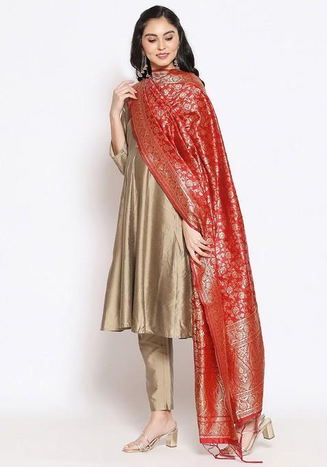 Red And Gold Toned Woven Design Dupatta With Zari