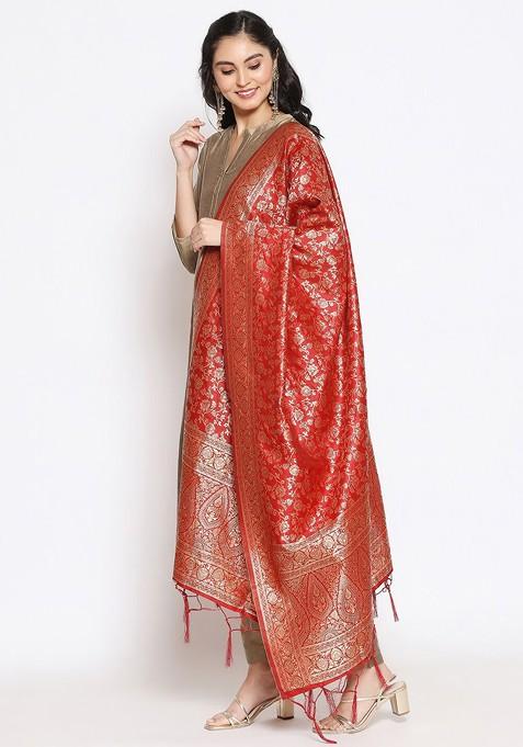 Red And Gold Toned Woven Design Dupatta With Zari