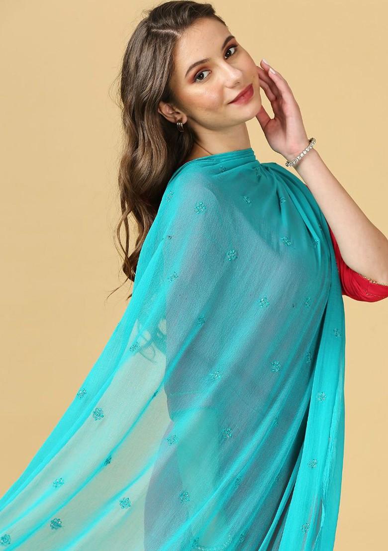 Floral Embroidered Chiffon Dupatta With Sequin