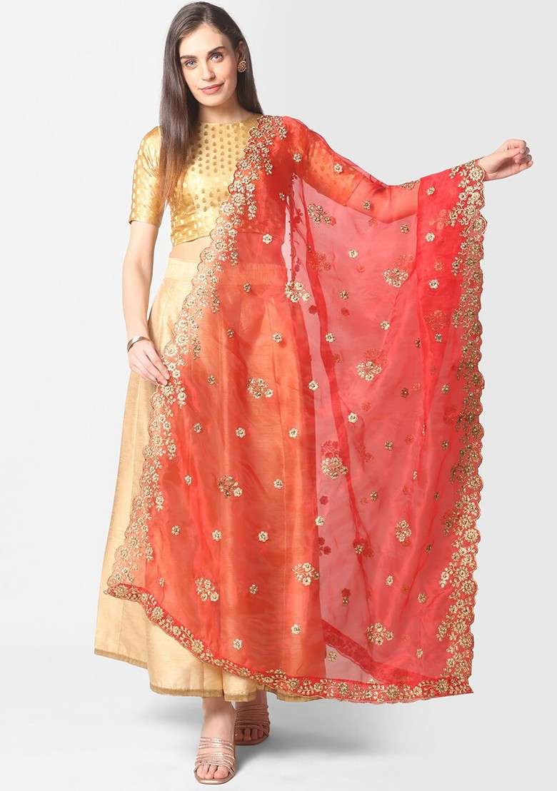 Red And Gold Embroidered Organza Dupatta With Beads And Stones Details - Indya