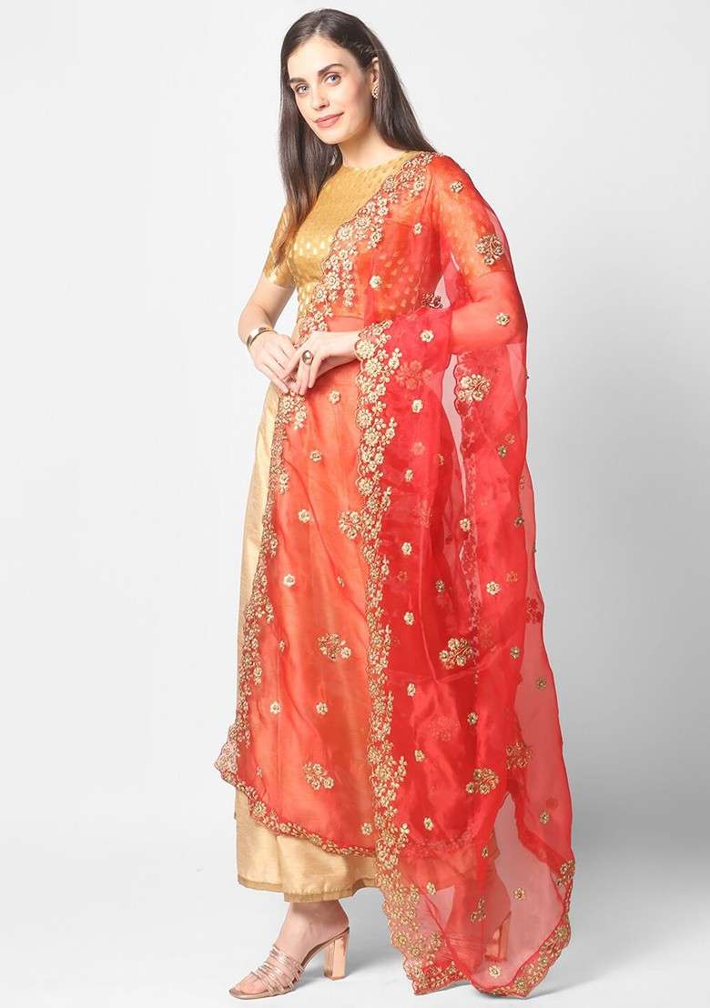 Red And Gold Embroidered Organza Dupatta With Beads And Stones Details - Indya