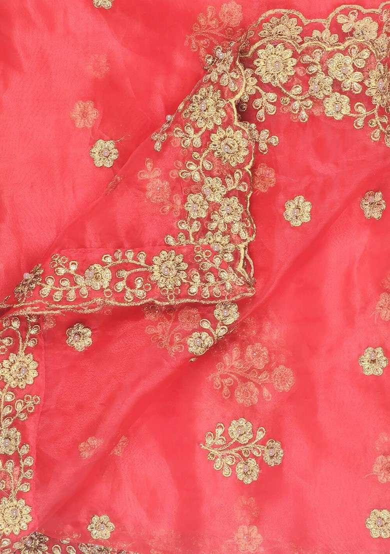 Red And Gold Embroidered Organza Dupatta With Beads And Stones Details - Indya