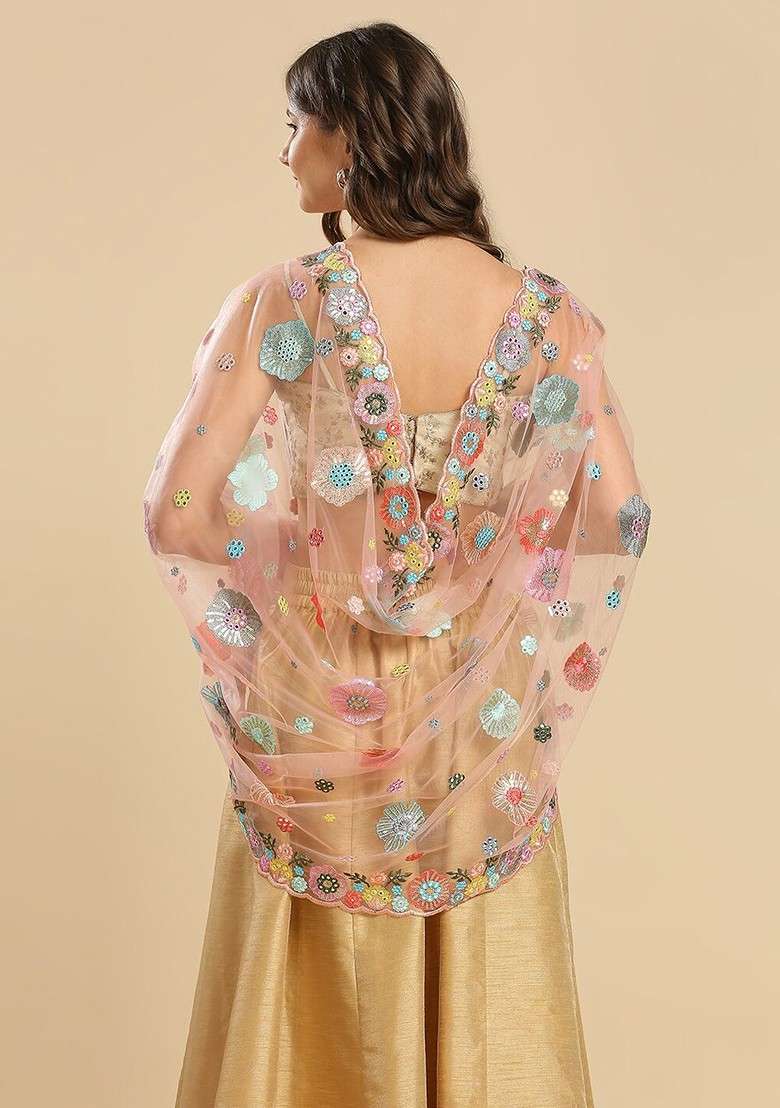 Floral Embroidered Dupatta With Mirror Work - Indya