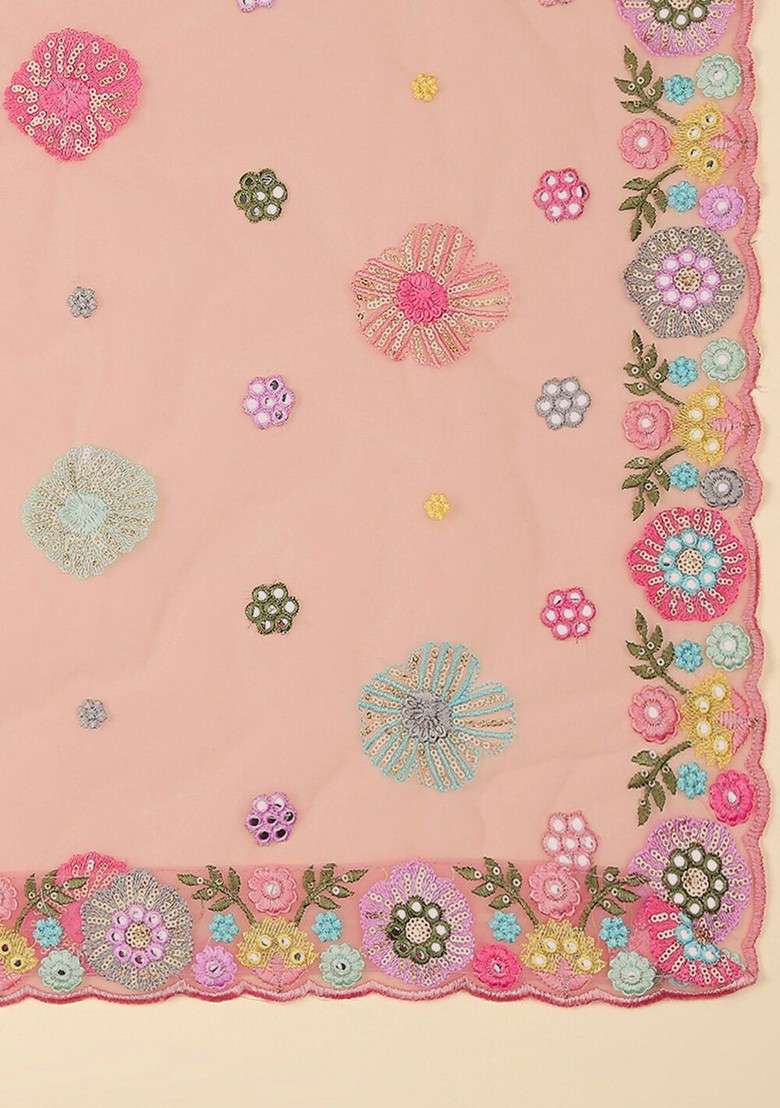 Floral Embroidered Dupatta With Mirror Work - Indya