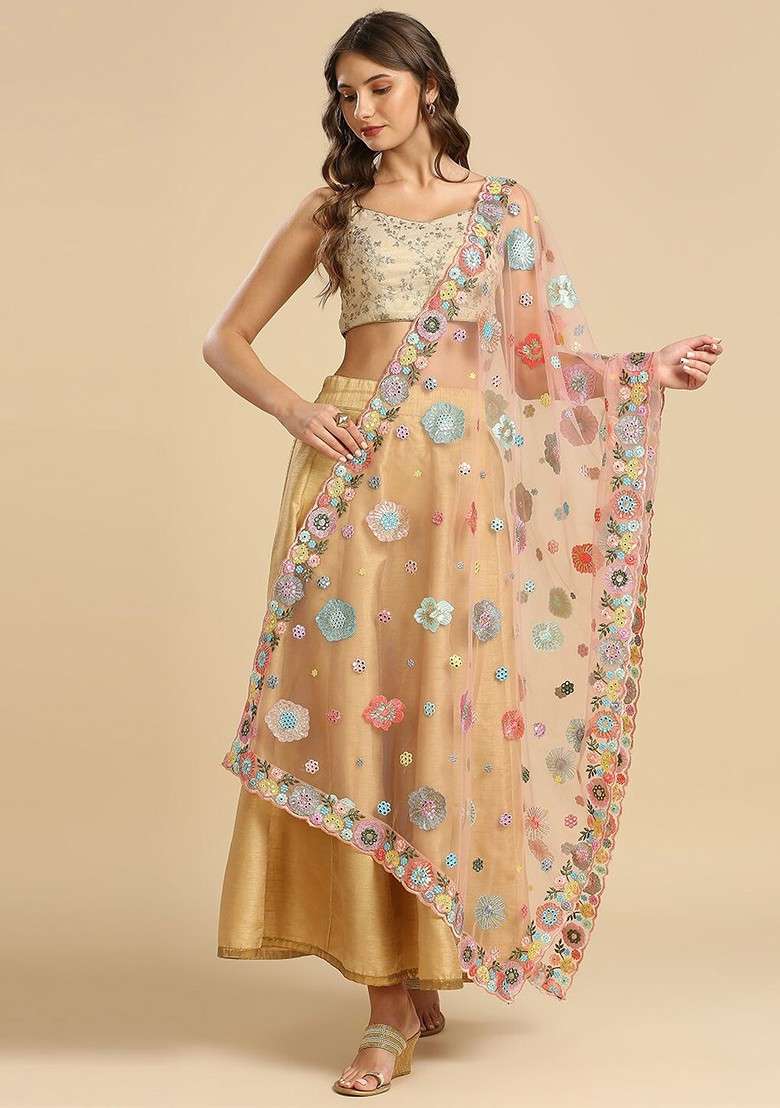 Floral Embroidered Dupatta With Mirror Work - Indya