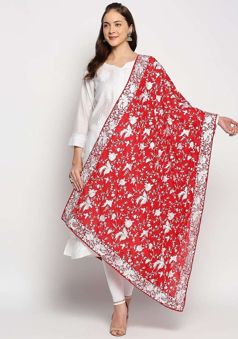 Red And White Embroidered Dupatta With Thread Work - Indya