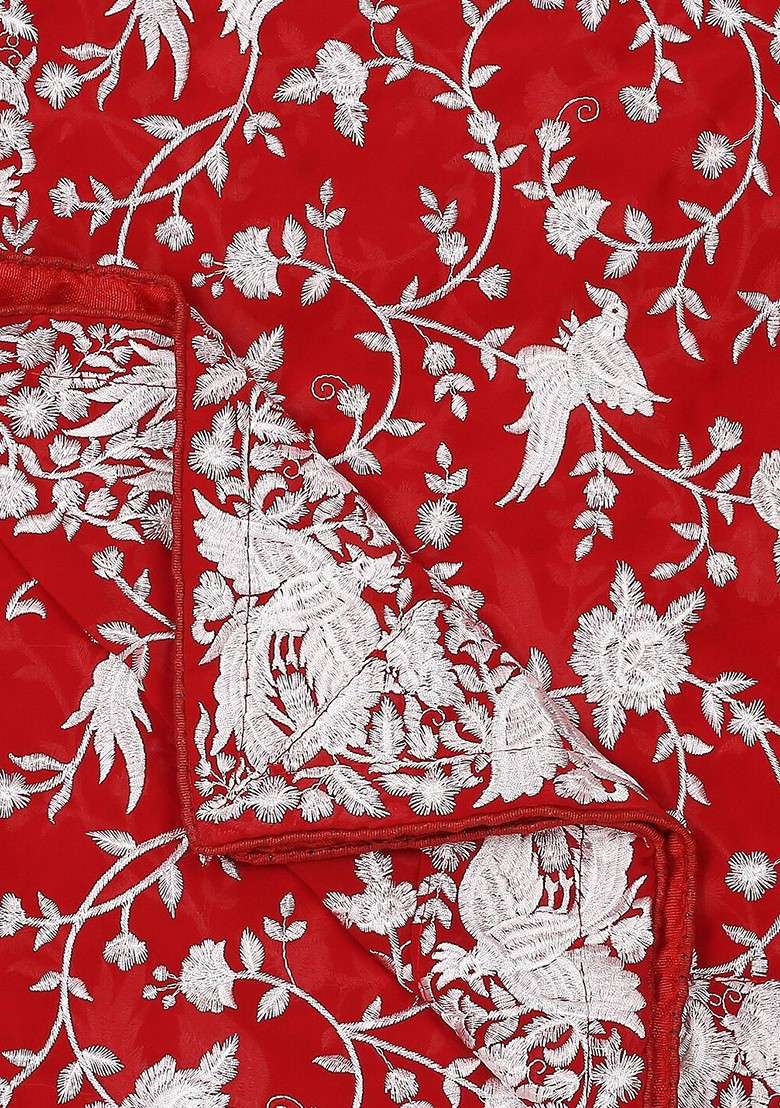Red And White Embroidered Dupatta With Thread Work - Indya
