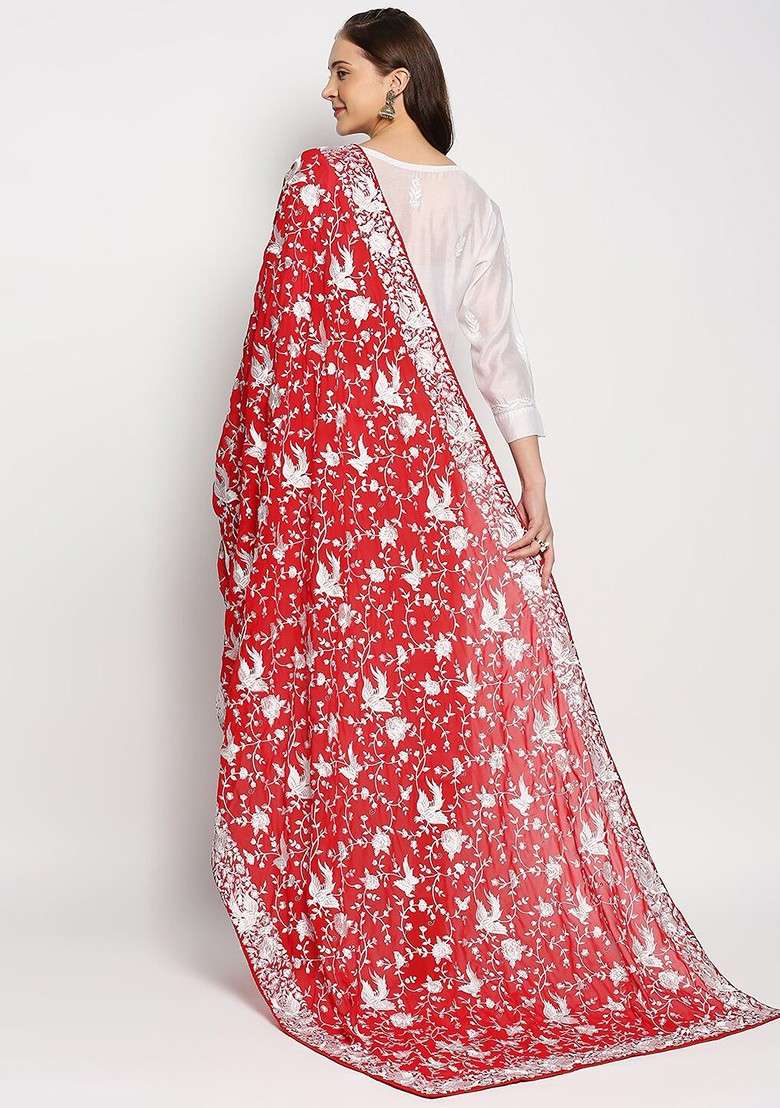 Red And White Embroidered Dupatta With Thread Work - Indya