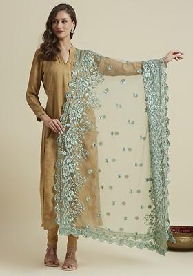 Floral Embroidered Sequinned Net Dupatta