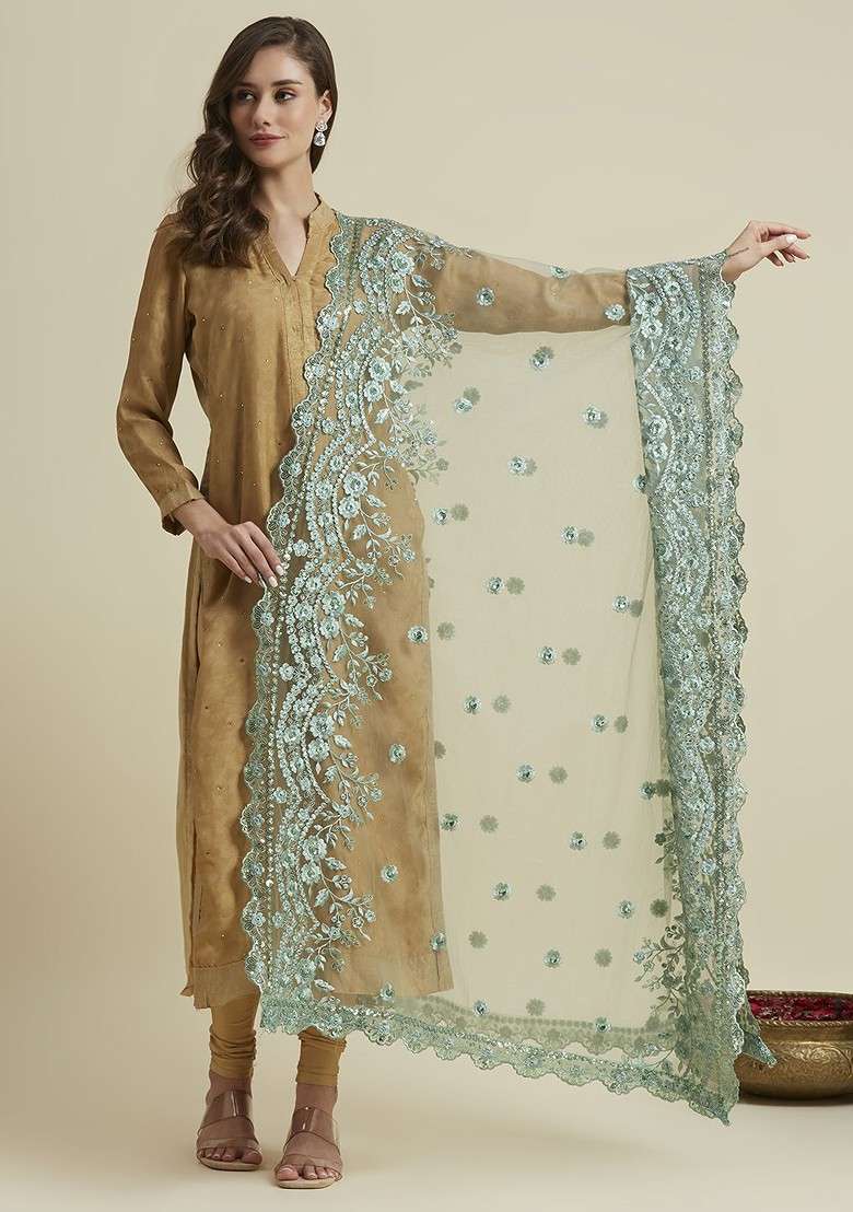 Floral Embroidered Sequinned Net Dupatta - Indya