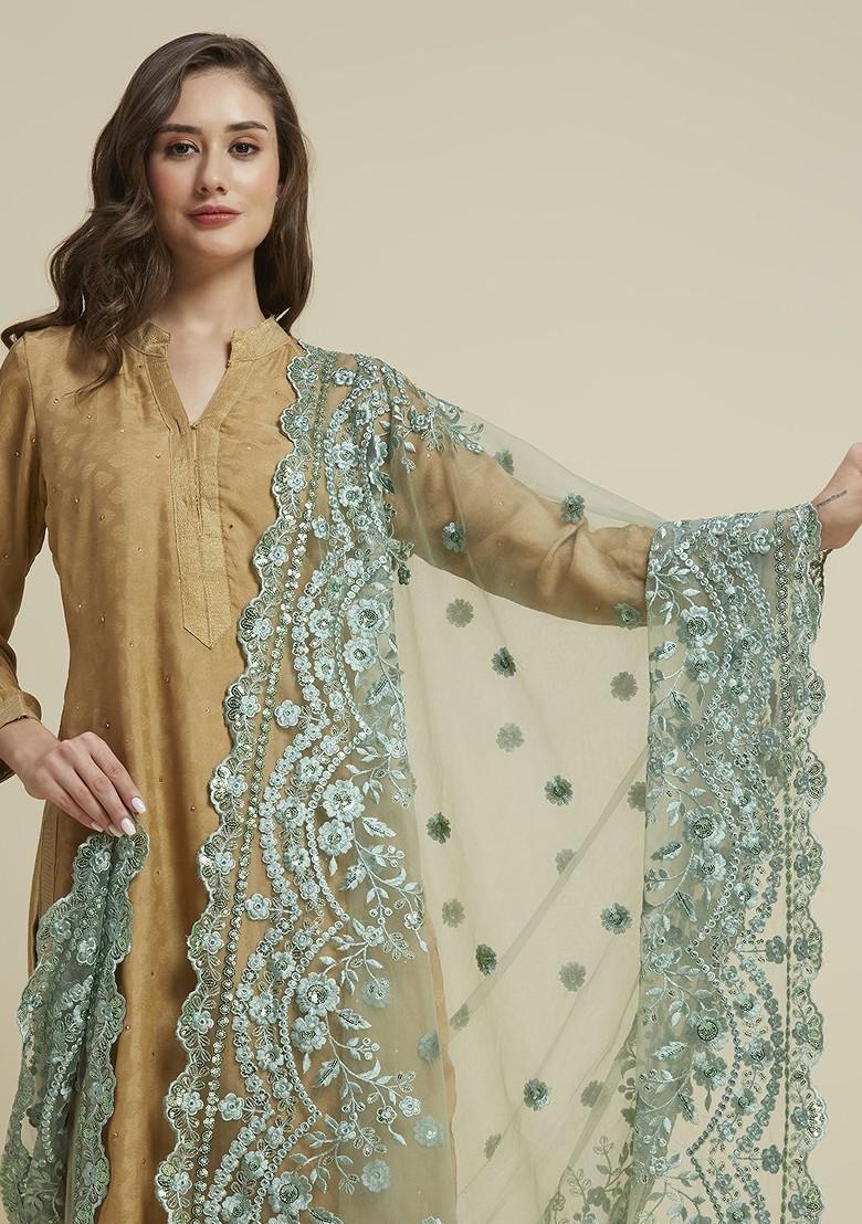 Floral Embroidered Sequinned Net Dupatta