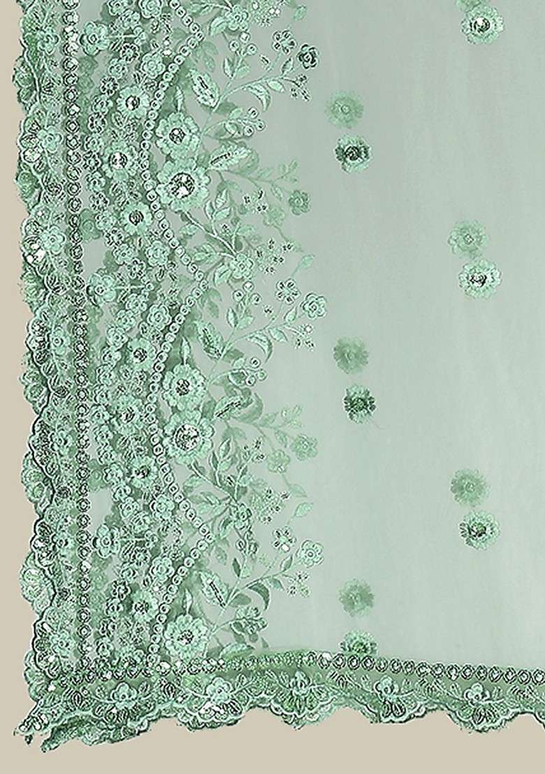 Floral Embroidered Sequinned Net Dupatta - Indya