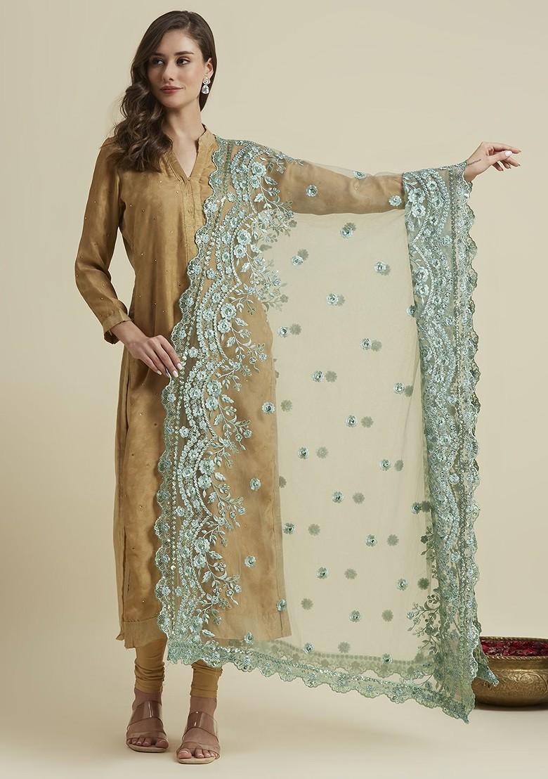 Floral Embroidered Sequinned Net Dupatta