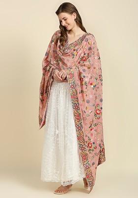 Pink And Blue Floral Embroidered Georgette Dupatta With Sequinned