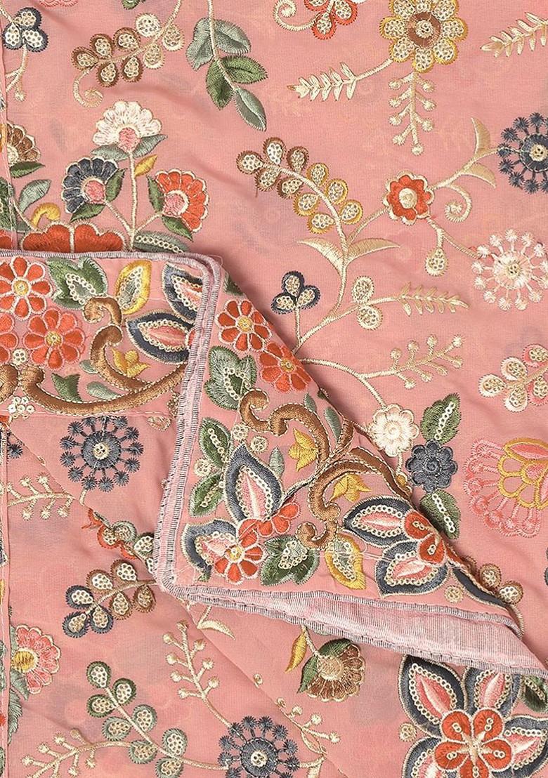 Pink And Blue Floral Embroidered Georgette Dupatta With Sequinned