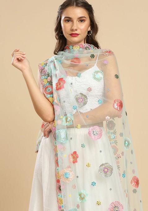Floral Embroidered Dupatta With Sequinned