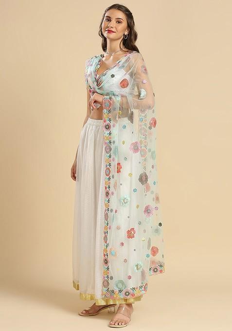 Floral Embroidered Dupatta With Sequinned