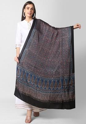 Navy Blue And Brown Ajrakh Block Printed Pure Silk Dupatta
