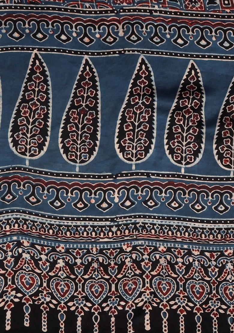 Navy Blue And Brown Ajrakh Block Printed Pure Silk Dupatta