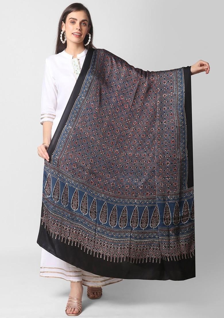 Navy Blue And Brown Ajrakh Block Printed Pure Silk Dupatta