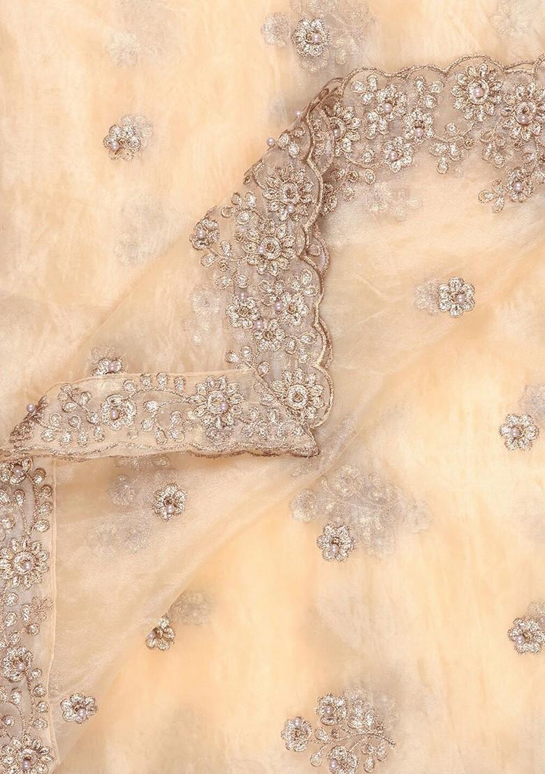 Women Gold Toned Embroidered Organza Dupatta With Beads And Stones