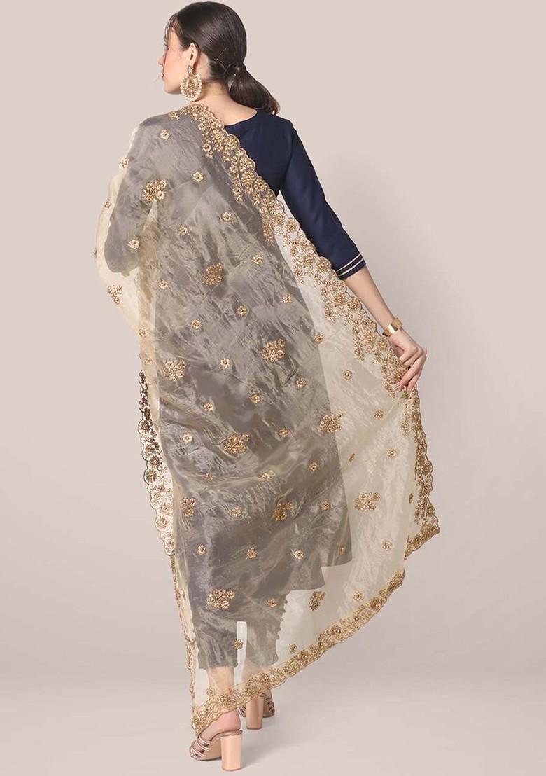 Women Gold Toned Embroidered Organza Dupatta With Beads And Stones
