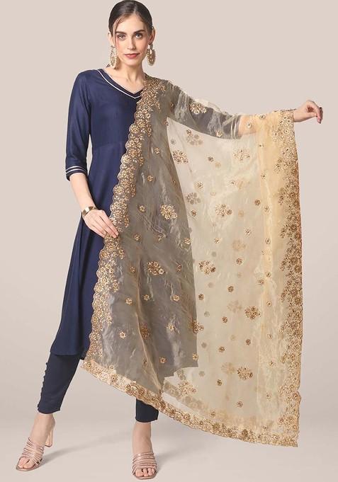 Women Gold Toned Embroidered Organza Dupatta With Beads And Stones
