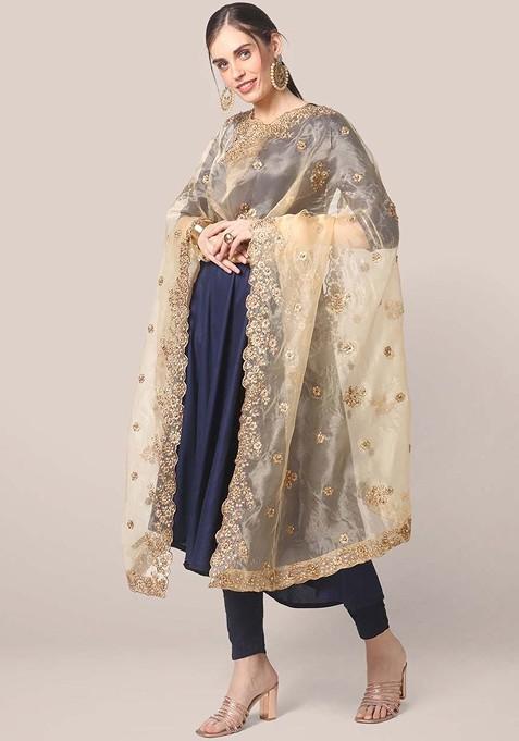 Women Gold Toned Embroidered Organza Dupatta With Beads And Stones
