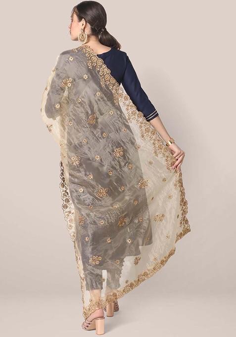 Women Gold Toned Embroidered Organza Dupatta With Beads And Stones