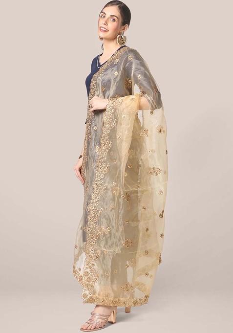 Women Gold Toned Embroidered Organza Dupatta With Beads And Stones