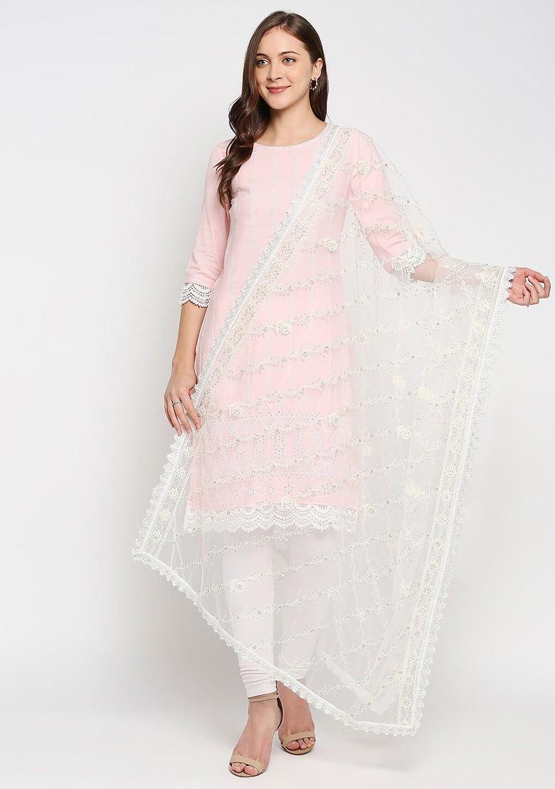 Off White Floral Embroidered Dupatta